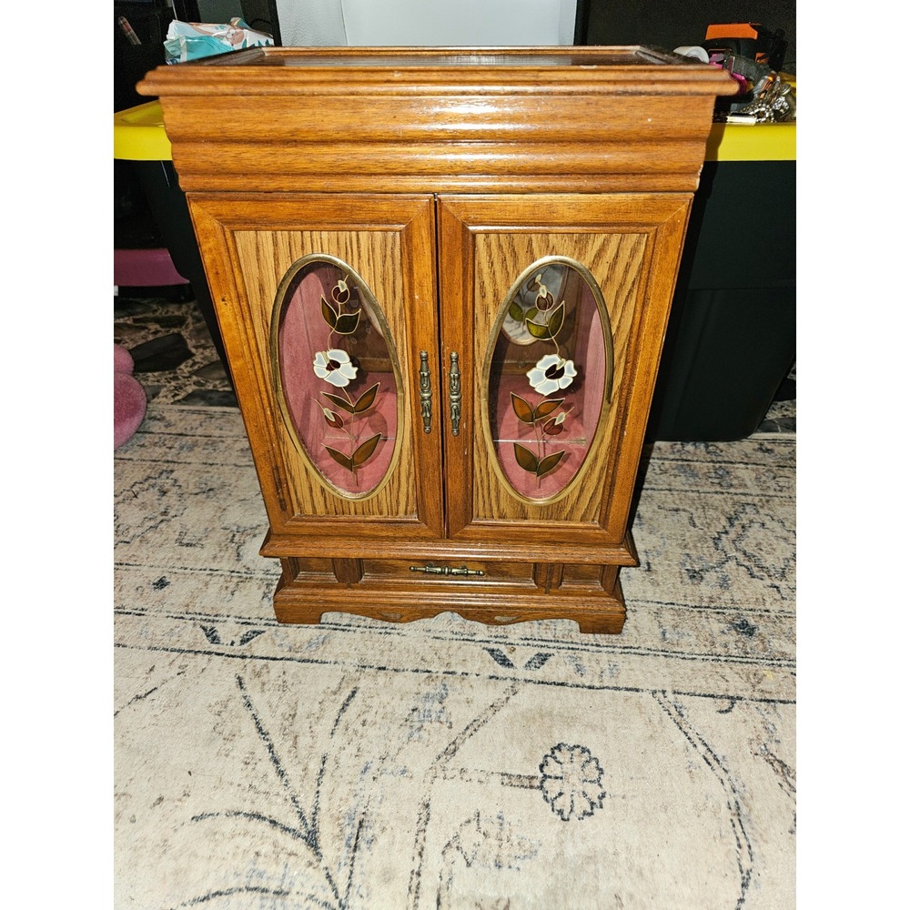 Vintage Wood Jewelry Armoire Etched Glass Floral Doors Red Velvet Lining Mirror